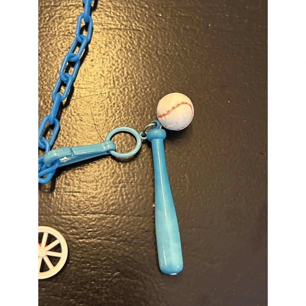 Vintage 80s Plastic Clip On Bell Charm Necklace 3 Charms Blue Chain‎ READ